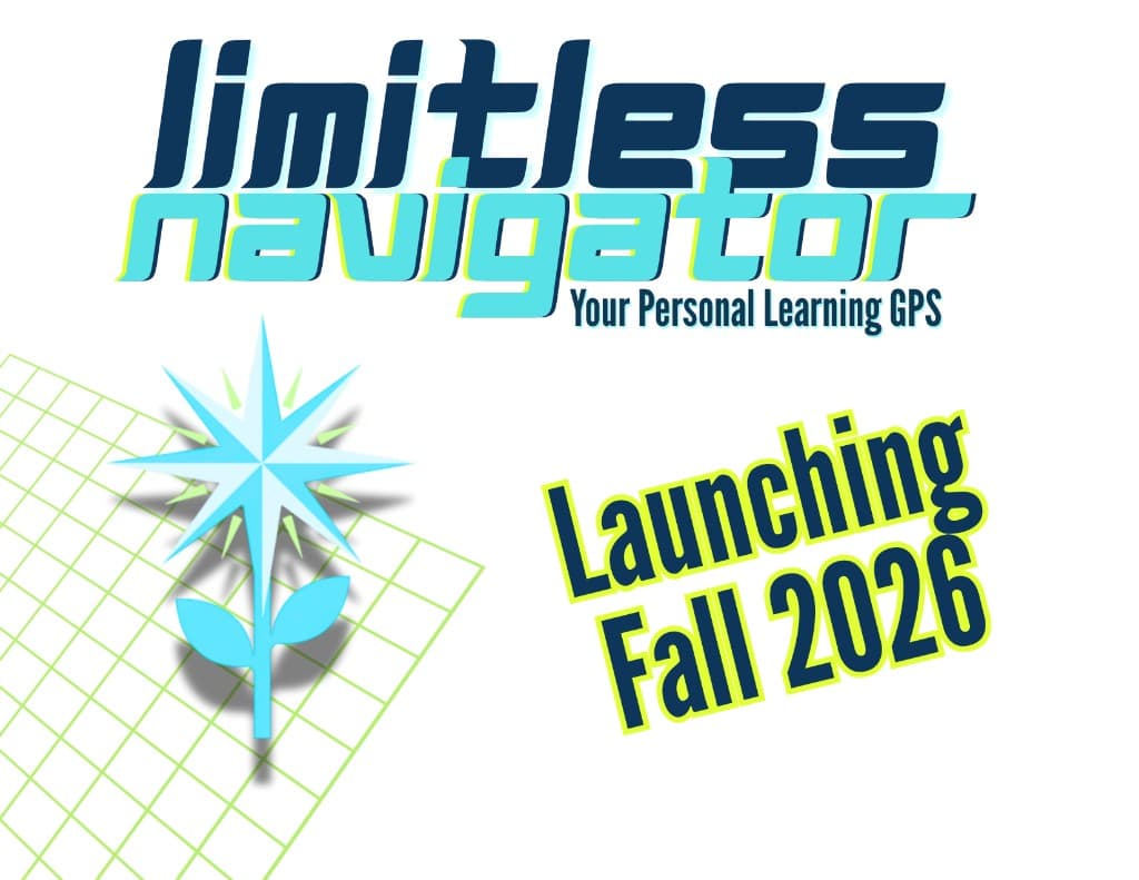 Limitless Navigator — compass rose flower logo with limitless navigator wordmark, Your Personal Learning GPS tagline, and Launching Fall 2026